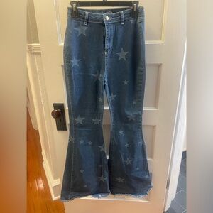 Nasty Gal Dark Blue Star-Print Flare Jeans